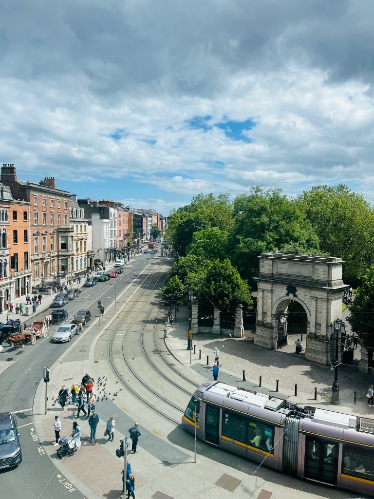 St. Stephen's Green entrance and Luas tram in Dublin